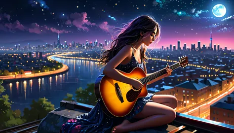 (best quality,4k,8k,highres,masterpiece:1.2),uma girl sitting alone in the night with her guitar facing away from the camera, lo...