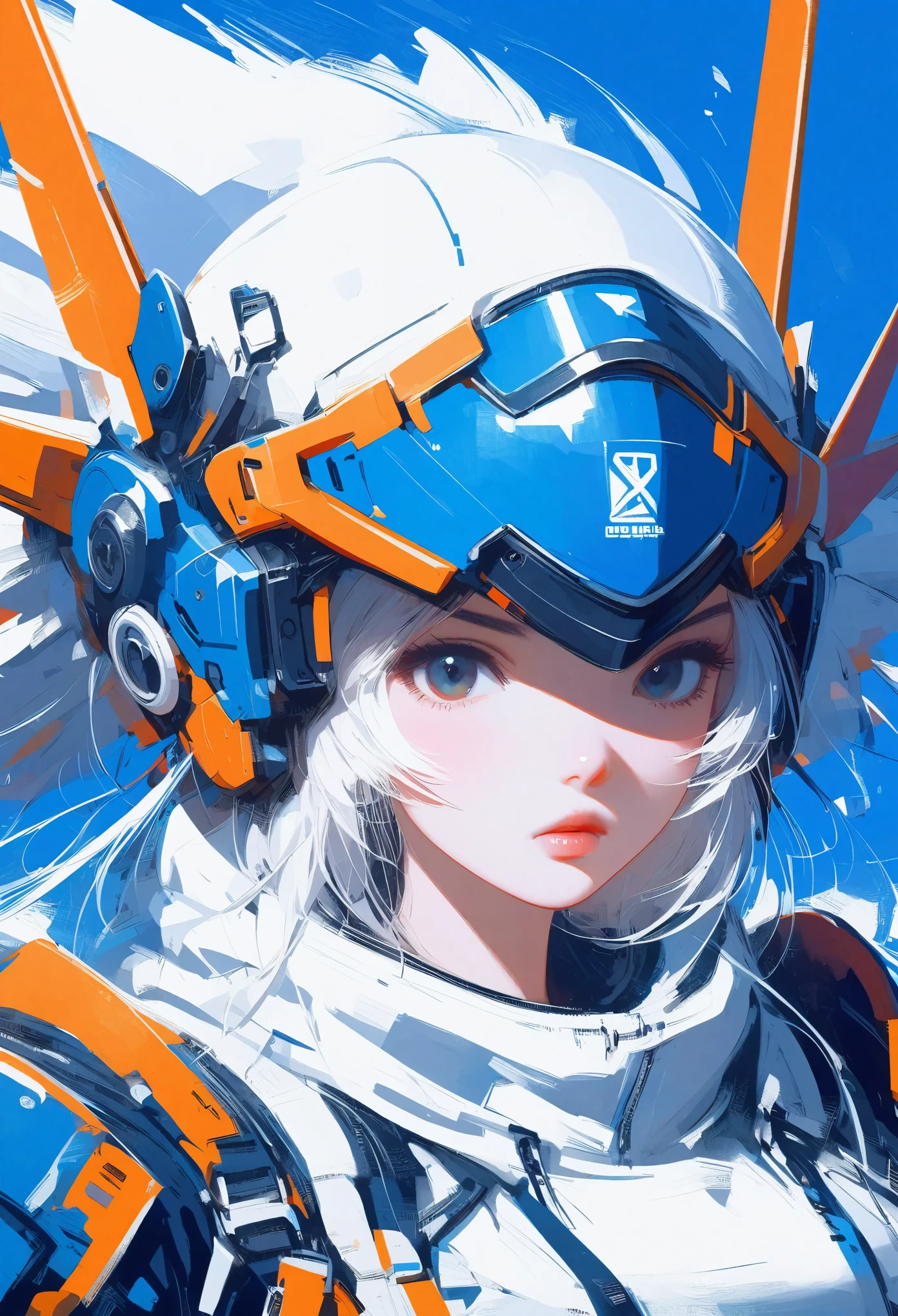 ((賽璐珞)),機甲 musume,a woman in a futuristic outfit is floating in the air 與一個 sword in her hand 與一個 sky and clouds and blue background with white clouds and blue and orange lines and white,與一個,約瑟夫·斯特拉,機甲,肖像,人造絲主義,