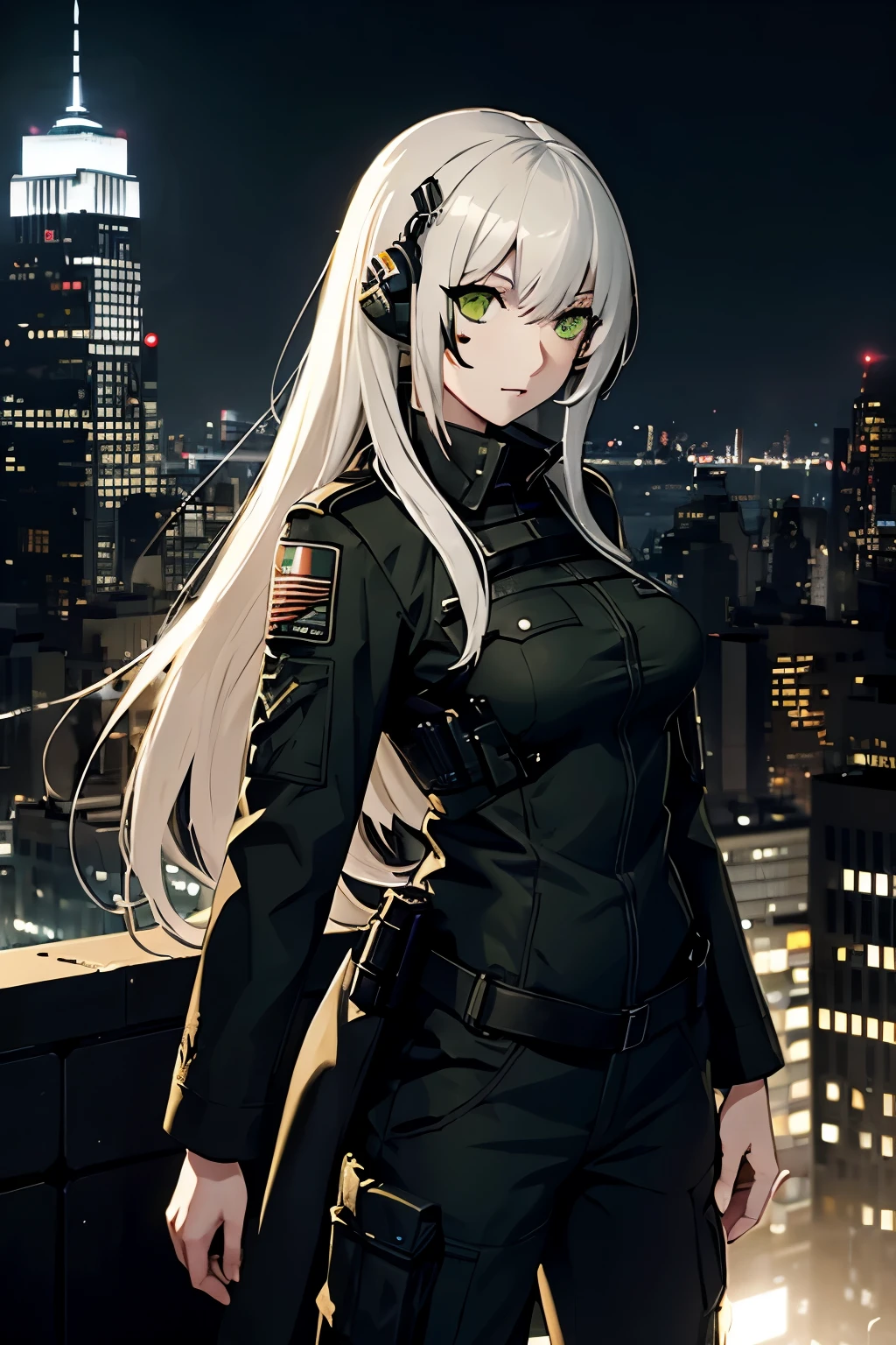 woman(solo)、tall、green eyes、White semi-long hair、black tactical long coat、cargo pants、Barcode tattoo on cheek、New York Cityscape at night、high resolution、high quality、girl frontline、GAGER