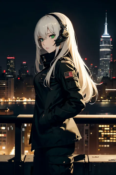 woman(solo)、tall、green eyes、white semi-long hair、black tactical long coat、cargo pants、barcode tattoo on cheek、new york cityscape...