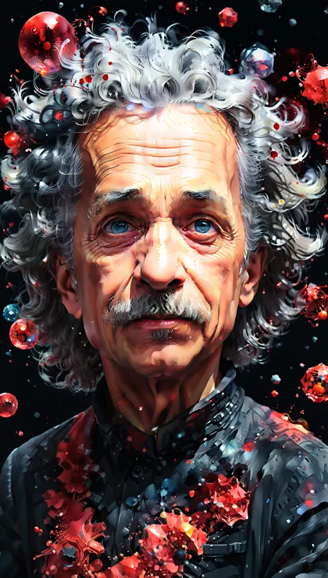 close up photo of albert einstein, off shoulder , watrcolor style, (red) digital art, black background, among the atoms, officia...