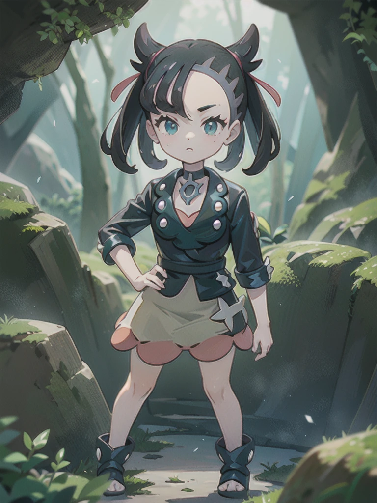 cowboy shot:1.2,((pokemon'smarnie:1.2)),(super detailed illustrations:1.2),(masterpiece, 8K), (最high quality, high quality:1.4), perfect anatomy, very detailed, super detailed,masterpiece background,beautiful detailed background, v8K wallpaper,perfect design,award winning art,stand in front of the photo、highest quality、very cute girl、、、 girl、inside a dark cave, The cave continues deeper,A dark cave covered in moss, (dramatic light:1.3), 
woman,Only one person depicted:1.2,flower,:smile:1.2,Standing with your hands on your hips:1.2