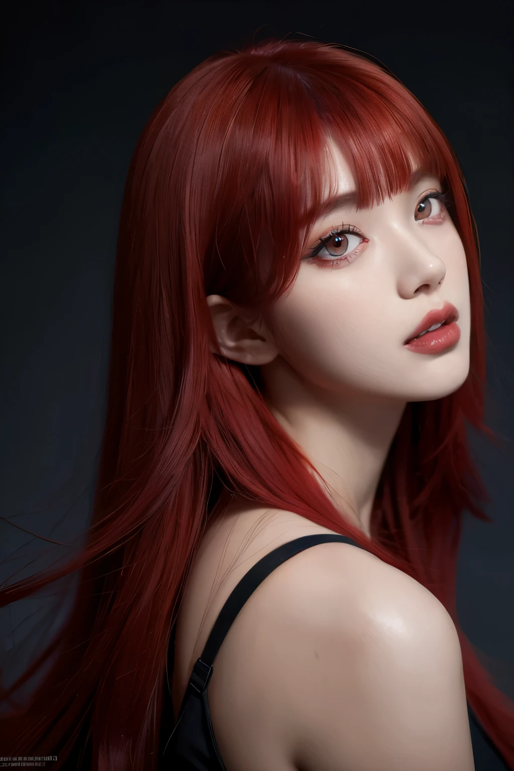 A woman with red hair and a black top posing for a photo - SeaArt AI