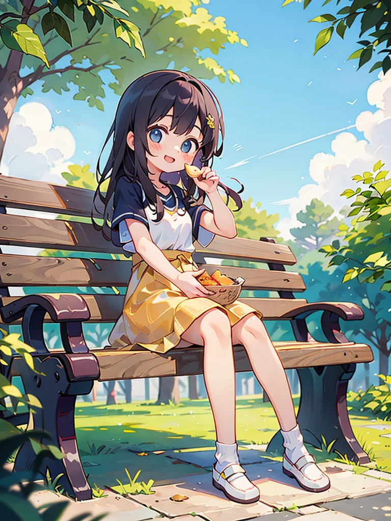 远射、可爱的女孩微笑、在夏天, 我坐在公园的长椅上吃午餐.