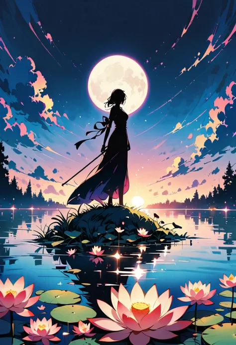 (heroine silhouette:1.5),powerful,on the lake，high contrast, movie lighting, mysterious atmosphere,，lotus，lotus leaf，a moon