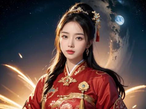 best quality, masterpiece, highres,1girl,Beautiful face,chinese empress attire, jewelry, out of space, big bright star