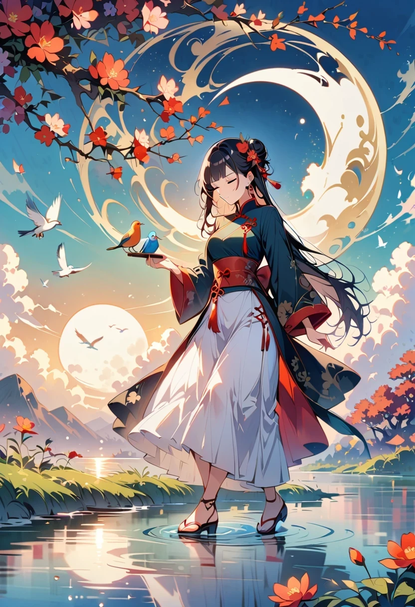 - Flower room wine, 1 girl, moon, long hair, alone, black hair, skirt, branch, bun, flower, reflection, Chinese clothes, hair accessories, jewelry, bird, earrings, full moon, water, white skirt, Keep flower, Keep, long sleeve, eyes closed, single bun, ripple, Sky, look down, whole body,Japanese cartoons,