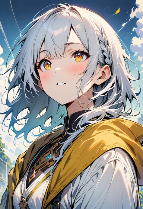 best quality, masterpiece,white hair, golden eyes,White clothes, look up, Upper body,Hair,White skin,side braid