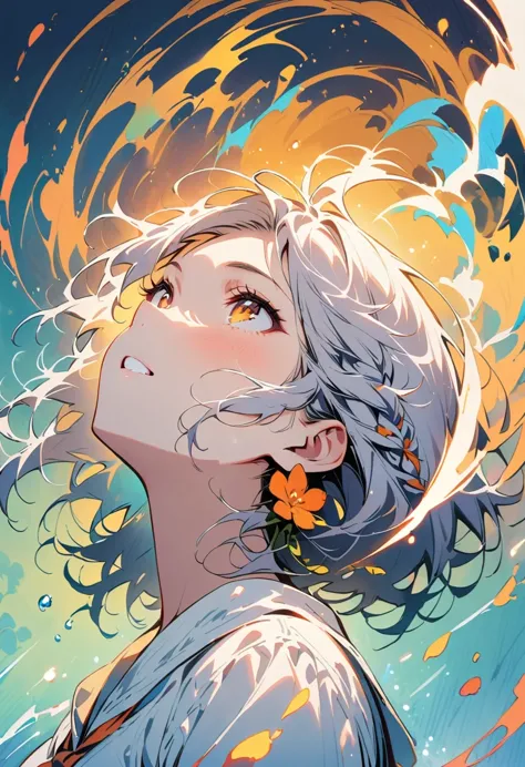 best quality, masterpiece,white hair, golden eyes,white clothes, look up, upper body,hair,white skin,side braid