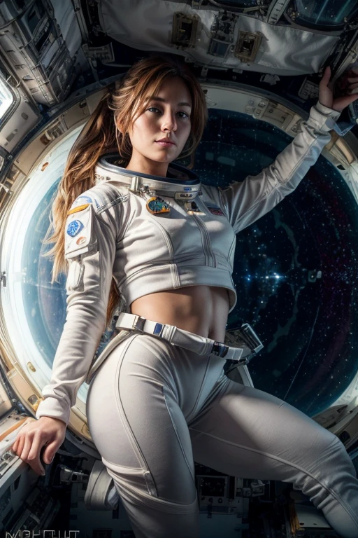Long range shooting, low angle shot, a beautiful woman，Female astronaut，beautiful face，beautiful eyes，Highly detailed， (((inside the spacecraft))), 25 years old, in space，Floating weightlessly in the air of a spaceship, Very messy hair，Floating long hair, zero gravity, Earth view from space station window, Wearing tight white spandex hot pants and a white sports top,complicated clothes， Various floating liquids，Various floating boxes，4k extremely lifelike, uhd 4k highly detailed, ((ethereal lights, ultra high resolution.lifelike:.1.4, (high detailed skin:1.2), 8k Ultra HD, dslr camera, high quality, film grain, Fuji XT3,(masterpiece) (best quality) (detailed) (movie lighting) (sharp focus) (Complex)