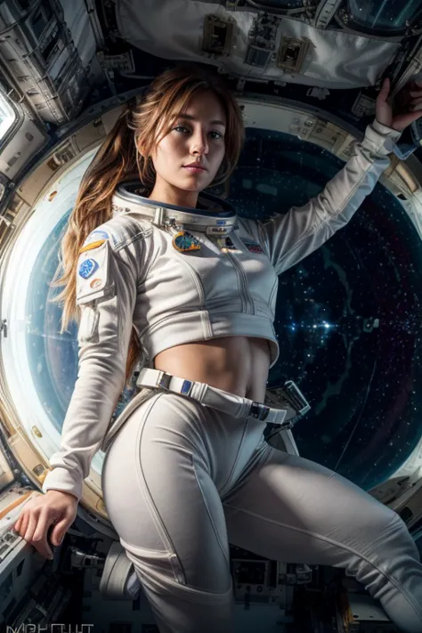 Long range shooting, low angle shot, a beautiful woman，Female astronaut，beautiful face，beautiful eyes，高度detailed细节， (((inside th...