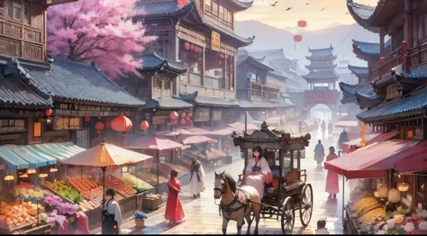 Bustling Chinese streets，The carriage is in the middle of the street，People shopping，Chinese artistic conception
