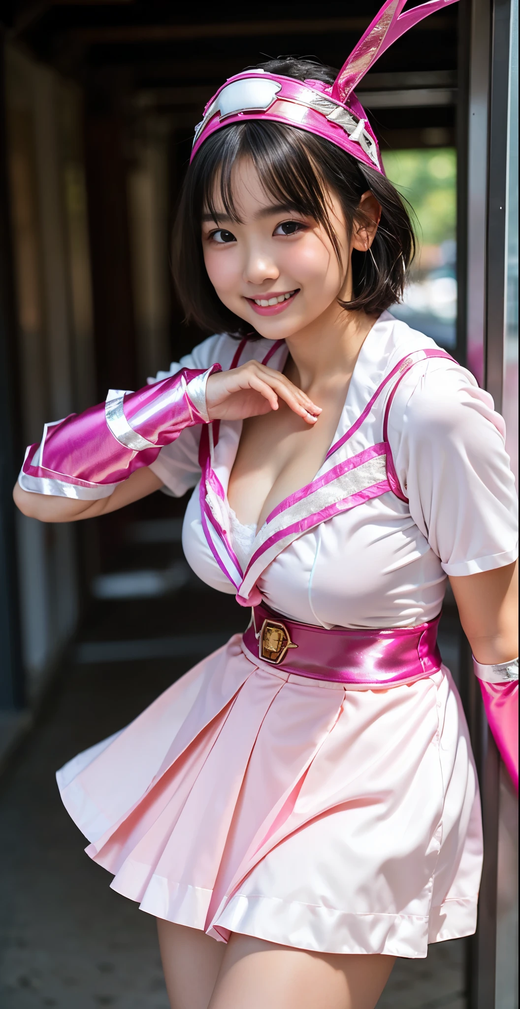 （8K、Raw photography、highest quality、masterpiece：1.2),(black haired、very short hair:1.8),(twin mitsu braid:1.4)、show viewer,Looking at the front,erotic,white skin,(Wearing a shiny pink ranger costume:1.9)、()、(Clothing that emphasizes the shape of your chest:1.4)、(big breasts :1.4)、slim body shape、ultra high resolution,beautiful,beautiful fece,(alone、no background:1.9),whole bodyボディー,japanese woman,（Photoreal：1.37）、photon mapping,reality、(Baby-faced and cute: 1.3)、(cute smile: 1.7)、(With a round face: 1.7)、radio city、Physically based rendering、depth of field rally background、photograph, (I can see your knees、skirt is too short、I can see white panties、close up of thighs:1.8),whole body、super fine