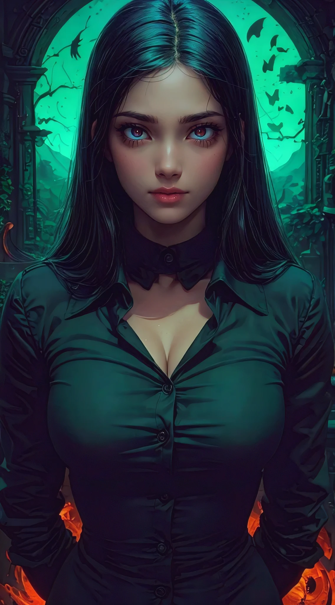 (best quality, masterpiece:1.2), pixar style by artgerm and gerald brom, attractive woman, perfect body, large breasts, hyperfeminine curves, cute and playful, big gorgeous eyes, (glowing eyes:1.2), luscious full lips, smile