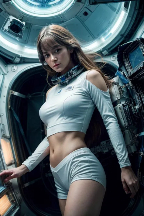 Long range shooting, low angle shot, a beautiful woman，Female astronaut，beautiful face，beautiful eyes，高度detailed细节， (((inside th...