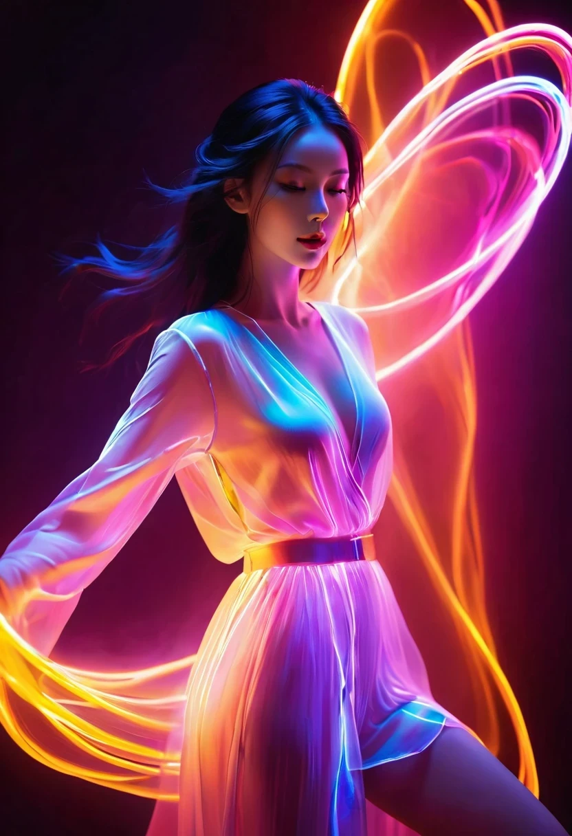 translucent luminous body,glow,bailing_Model,1 girl,pale skin,black neon light,long term exposure,motion blur,1 girl,(glowing atmosphere, charming light, Luminous lighting, Ethereal atmosphere, mesmerizing glow, evocative shades, charming colors, dramatic lighting, Enchanting aura),