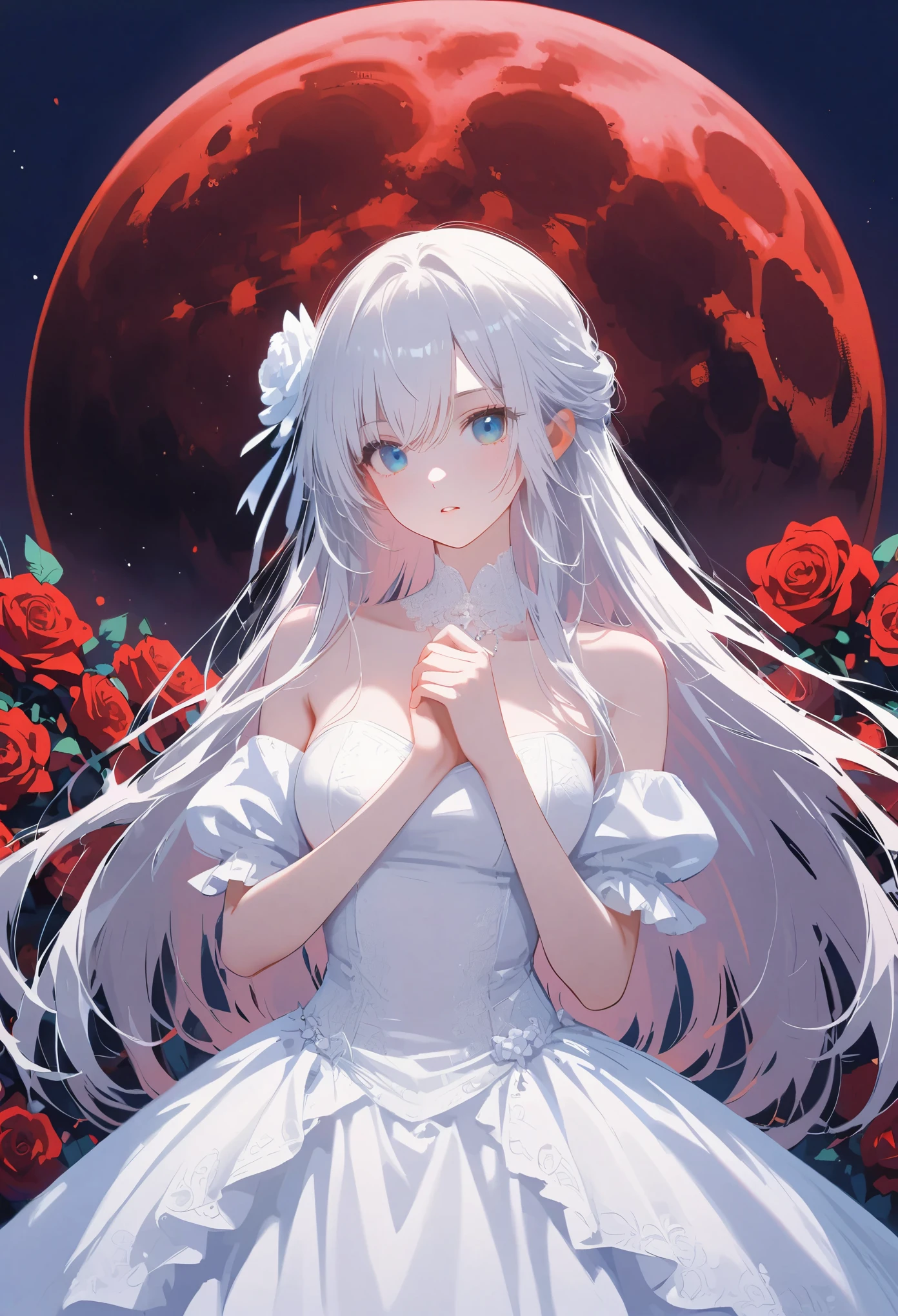 pure white hair，long hair，girl，sky blue eyes，（blood red moon：10），wearing white clothes，Wedding dress，bride，There are thorns on clothes，（Wearing red roses：5），（holding knife in hand:5），Front view