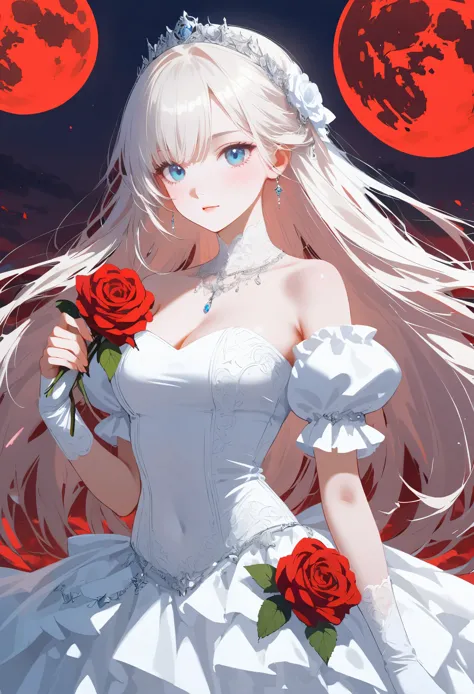 pure white hair，long hair，girl，sky blue eyes，（blood red moon：10），wearing white clothes，wedding dress，bride，there are thorns on c...