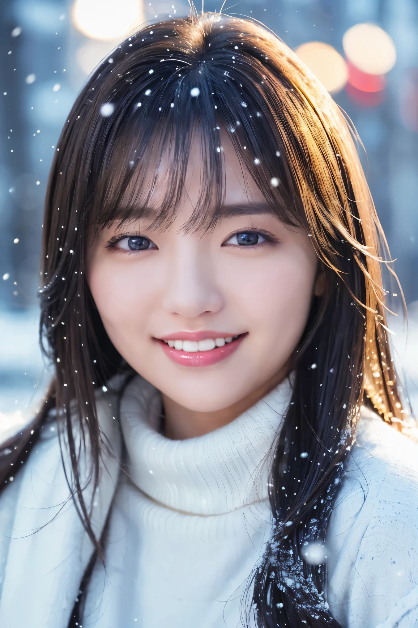 (highest quality、masterpiece、8K、best image quality、hyper realism、Award-winning work)、1 girl、(Elegant heavy coat and turtleneck knit sweater:1.1)、Soft indirect lighting、Soft and delicate light、dramatic lighting effects、Romantic snowy night city、Romantic Christmas illuminations、Beautiful night view of the snowy city、the biggest smile looking at me、fine sparkling snow、Beautiful snow reflecting light、Diamond dust、(Tyndall effect:1.1)、beautiful snow scene、(It&#39;s snowing:1.1)、(snow in hair:1.1)、accurate anatomy、(close up of face:1.1)、A beautiful lipstick with a glossy, natural color、natural makeup、glossy lips、Ultra high definition glossy skin、Ultra-HD radiant, beautiful skin、Moist and beautiful skin、beautiful skin glow、超高精細のglossy lips、Super high-definition sparkling eyes、(Super high definition beautiful perfect teeth:1.1)、Show your beautiful teeth and smile big、(Perfect beautiful teeth:1.1)