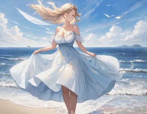 The paintings show an attractive woman with a large bust, standing on the beach. She is wearing a light dress, hair fluttering i...