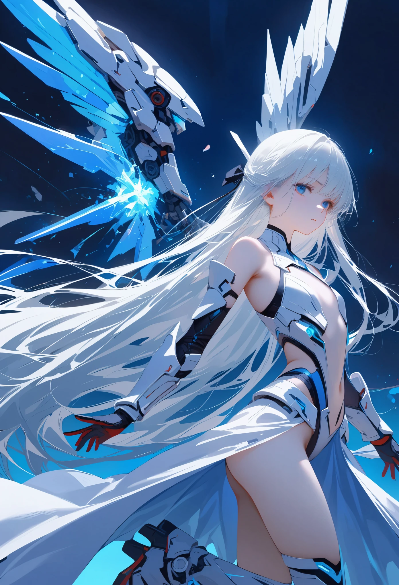 masterpiece, best quality, colorful, cowboy shooting, (pale skin:1.2), flat chest, Mecha, armor, girl,Mechanical_Body, High resolution, white hair, Very long hair, garlic, , alone, blue eyes, white coat, Soft fabric waist extension, blue energy, destroy, quantum energy, Mechanical wings