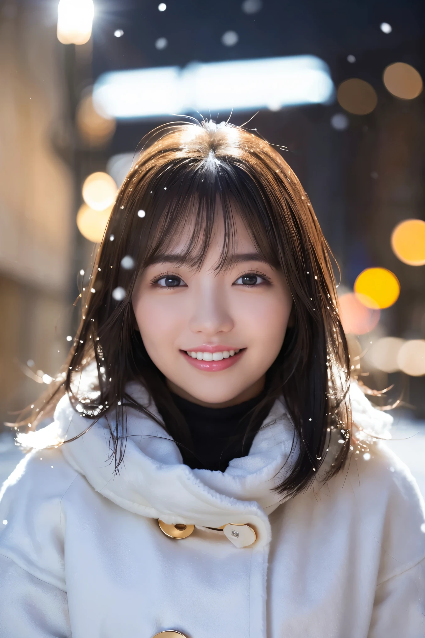 (highest quality、masterpiece、8K、best image quality、hyper realism、Award-winning work)、1 girl、(A perfect and elegant heavy brown coat:1.3)、perfect turtleneck knit sweater、(Wearing a knitted sweater under her coat:1.1)、Soft indirect lighting、Soft and delicate light、dramatic lighting effects、Romantic snowy night city、Romantic Christmas illuminations、Beautiful night view of the snowy city、the biggest smile looking at me、fine sparkling snow、Beautiful snow reflecting light、Diamond dust、(Tyndall effect:1.1)、beautiful snow scene、(It&#39;s snowing:1.1)、(snow in hair:1.1)、accurate anatomy、(close up of face:1.1)、A beautiful lipstick with a glossy, natural color、natural makeup、glossy lips、Ultra high definition glossy skin、Ultra-HD radiant, beautiful skin、Moist and beautiful skin、beautiful skin glow、超高精細のglossy lips、Super high-definition sparkling eyes、(Super high definition beautiful perfect teeth:1.1)、Show your beautiful teeth and smile big、(Perfect beautiful teeth:1.1)