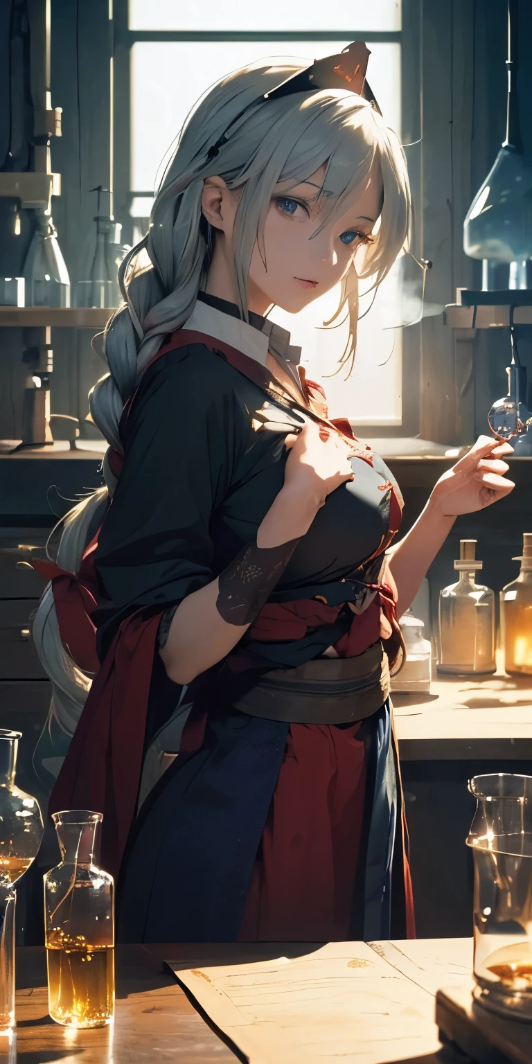 (masterpiece, best quality:1.3), (close to viewer:1.3), Yagokoro Eirin, Touhou Series, perfect face, expressive eyes, 1woman, looking at viewer, 38 years old, gorgeous body, big breast, beautiful, anime, lora,1woman, silver hair, braid hair, nurse cap, red and blue clothes, long skirt, (evil look, looks down on viewer:1.5), (cinematic lighting, realistic, dream-like, enchanting atmosphere:1.3), (photo of a woman in her dark and mysterious environment:1.3), (the woman surrounded by an aura of mystery and intrigue:1.3), (a dark and mysterious laboratory decorated with many flasks, each filled with colorful liquids:2.0), (she is full of joy in making new discoveries:1.5), (a crystal ball nearby, adding to the mystical setting:1.3), (a hint of incense in the air, adding to the sensory experience:1.3), 