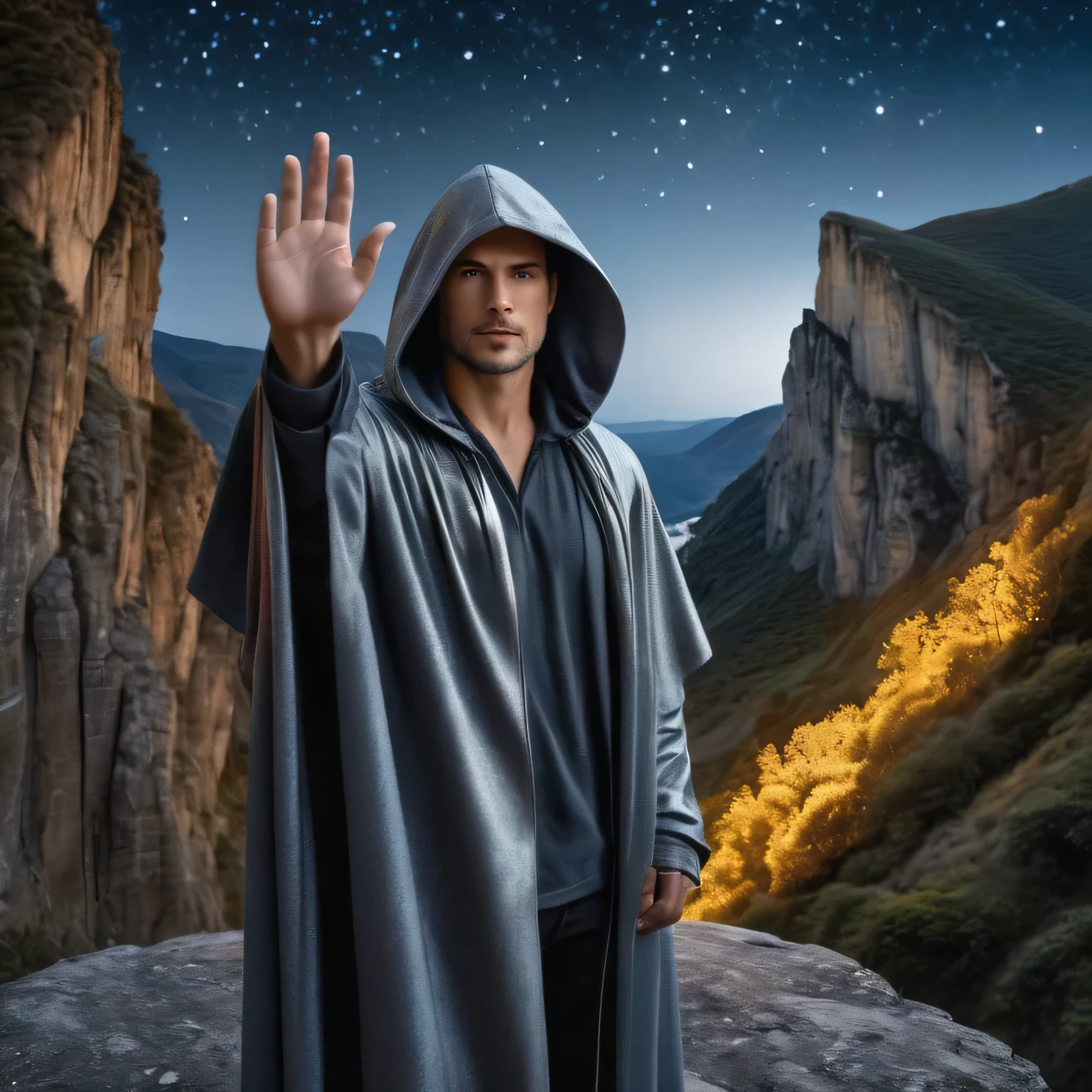 A professional photo of a man in a long gray hooded cloakwith a metallic sheen, extending his hand up, fantasy background with cliffs, mountains, dark starry night, photorealism, professional photo, blurry background, shot from side, DSLR photo, high details, masterpiece, epic, musculine, cinematic, dynamic, movie poster, hero