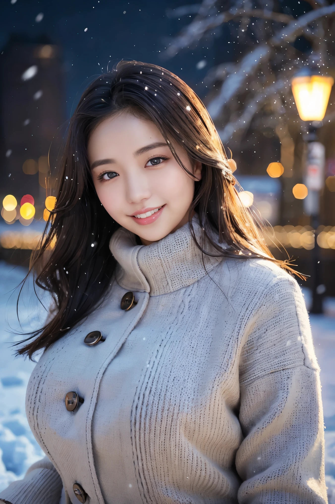 (highest quality、masterpiece、8k、best image quality、hyper realism、Award-winning work)、1 girl、(Perfect and elegant brown coat made of thick melton fabric:1.3)、perfect pink turtleneck knit sweater、(Wearing a knitted sweater under her coat:1.1)、Soft indirect lighting、Soft and delicate light、dramatic lighting effects、(huge breasts:1.2)、glamorous body、emphasize body line、Romantic snowy night city、Romantic Christmas illuminations、Beautiful night view of the snowy city、the biggest smile looking at me、fine sparkling snow、Beautiful snow reflecting light、Diamond dust、(Tyndall effect:1.1)、beautiful snow scene、(It&#39;s snowing:1.1)、(snow in hair:1.1)、accurate anatomy、(close up of face:1.1)、A beautiful lipstick with a glossy, natural color、natural makeup、glossy lips、Ultra high definition glossy skin、Ultra-HD radiant, beautiful skin、Moist and beautiful skin、beautiful skin glow、Ultra-high definition glossy lips、Super high-definition sparkling eyes、(Super high definition beautiful perfect teeth:1.1)、Show your beautiful teeth and smile big、(Perfect beautiful teeth:1.1)