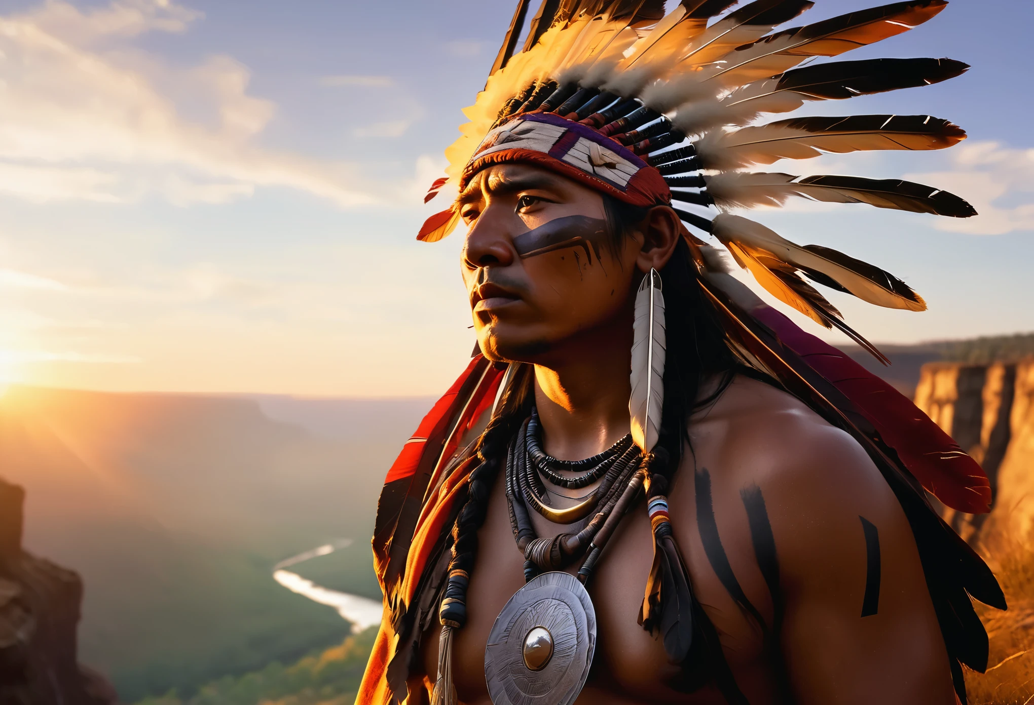 A native american warrior watching the sunrise, sioux, sadness, nostalgic

(best quality,4k,8k,highres,masterpiece:1.2),ultra-detailed,(realistic,photorealistic,photo-realistic:1.37),HDR,UHD,studio lighting,ultra-fine painting,sharp focus,physically-based rendering,extreme detail description,professional,vivid colors,bokeh,native american warrior with detailed facial features,warrior clothing,traditional headdress,stoic expression,standing tall on a cliff overlooking the vast landscape,shadowed silhouette against the vibrant colors of the sunrise,gentle breeze rustling the warrior's hair and cloak,misty atmosphere creating a sense of nostalgia,pale shades of orange, yellow, and purple dominating the scene,muted earth tones for a grounded feel,sun's rays illuminating the warrior's face and casting long shadows,mountains and valleys stretching in the distance,flowing river at the base of the cliffs,display of native americans' connection to nature and spirituality,subtle hints of sadness in the warrior's eyes as he reminisces about his people's history and the changing world.