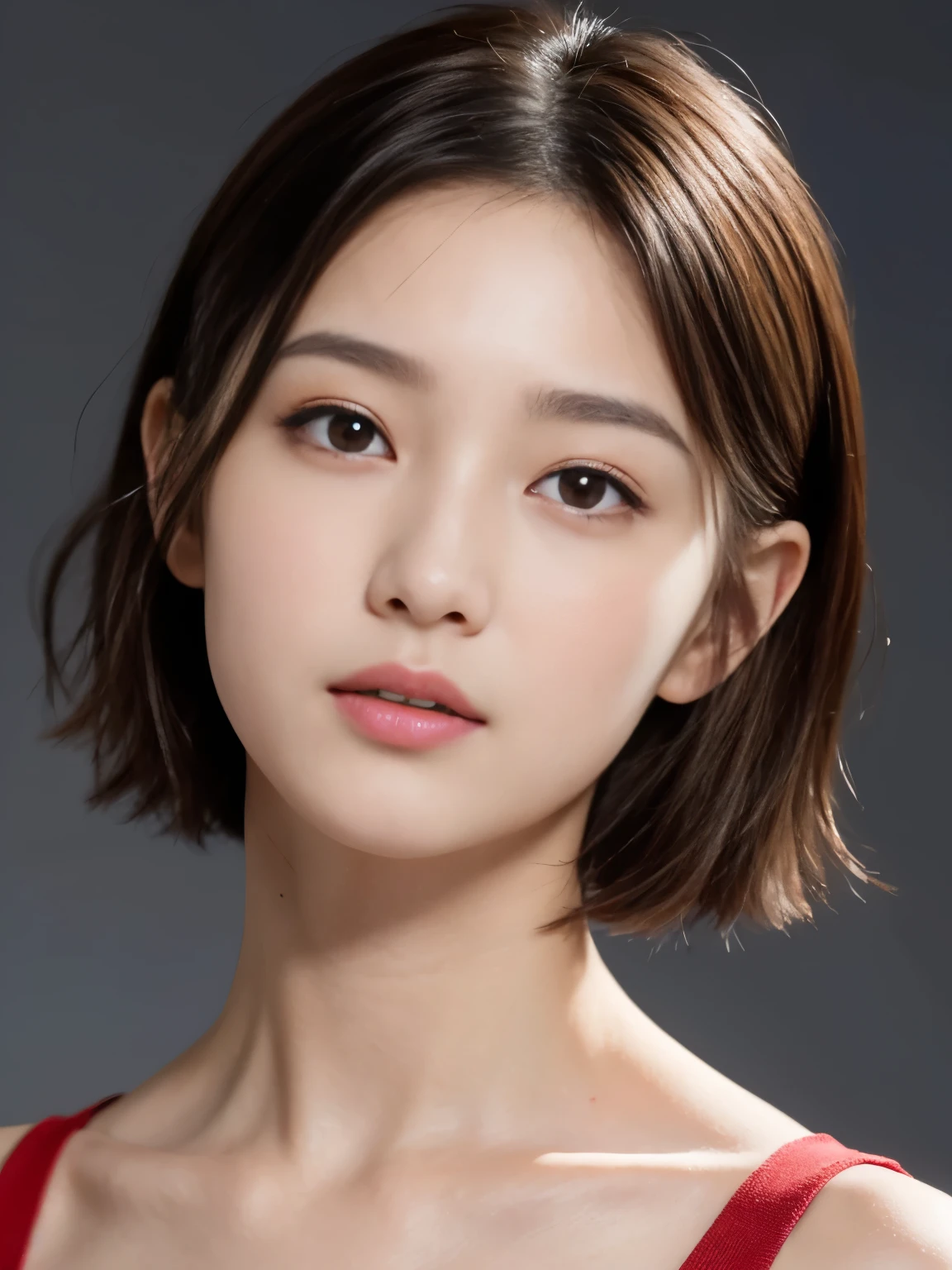 ((top-quality)),(​masterpiece:1.4),Raw photography,8K,((Top image quality)), ((Top resolution)),Beautiful face in every detail,Very detailed,Gentle expression,(One girl:1.3 ),realisitic,photo realisitic,(very short hair:1.4),(Beautiful girl),(cute Japanese girl:1.3),(mannish),((Pretty girl)),(Beautiful hair),((dark brown  hair)),(((Red cheeks))),((Her eyes are big)),20-year-old beauty,(her face is small:1.7),small head,((long neck)),pale skin,Spot-free skin,With bangs,Everyone longs for,Japanese Beautiful girl,(eight heads tall),((skinny )),face focus , leaning forward ,arched back, from above , detailed philtrum, translucent skin, crooked nose, smile wide thin lips, close-up face