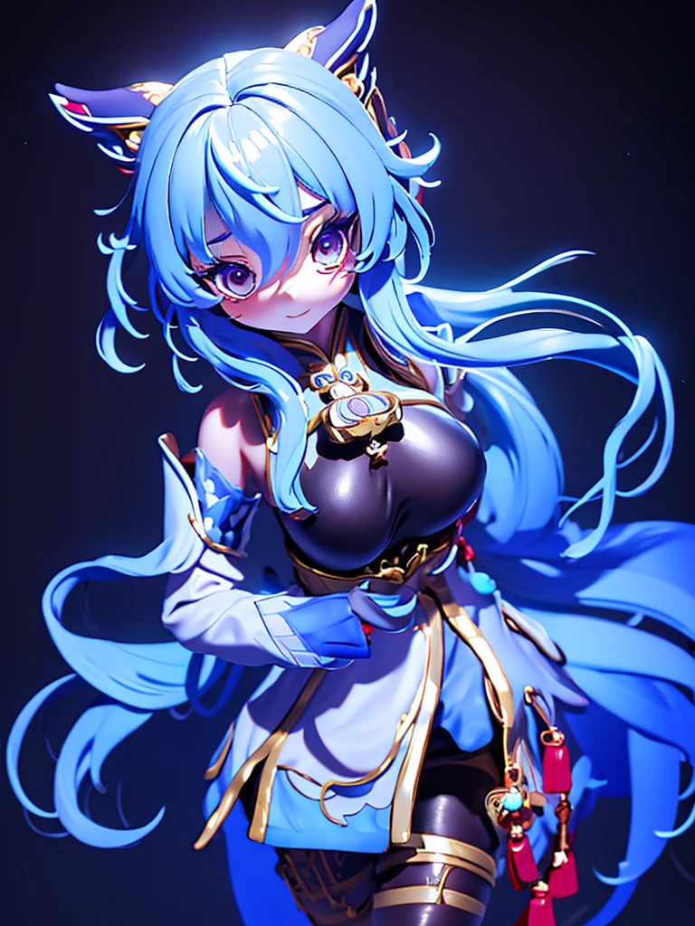 highest quality,8K,masterpiece:1.2)a bit ,amazing,gorgeous chinese girl,detailed skin details,bright eyes,Gorgeous eyelashes,independent,looking at the audience,waist,Kirin、light blue hair、long hair、has horns on its head、whole body、pantyhose)