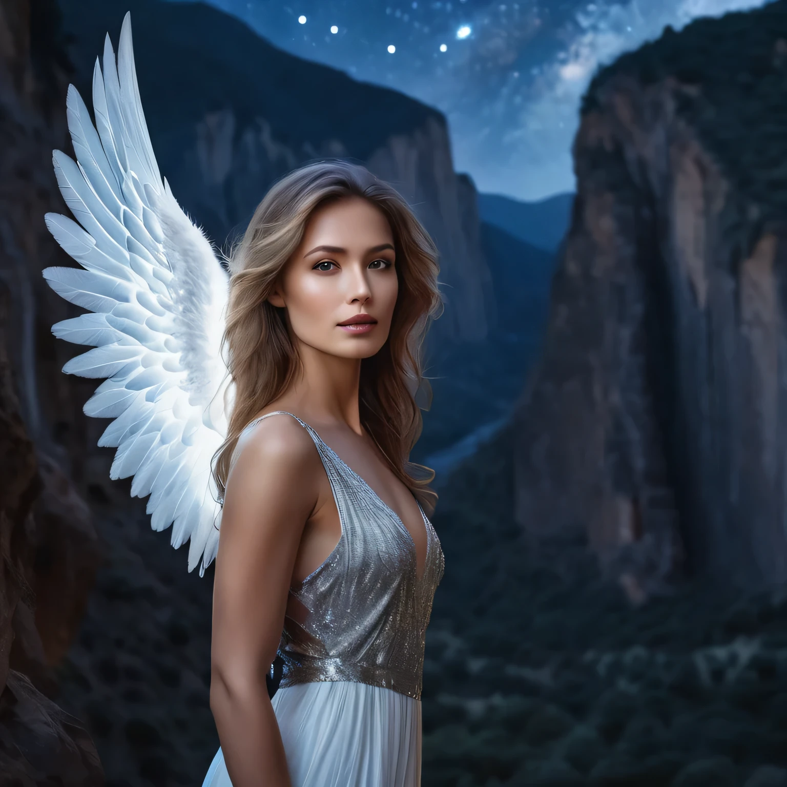 A professional photo of a angel magical woman, in cosmic light long standing looking into camera inviting, fantasy background with cliffs, mountains, dark starry night, photorealism, professional photo, blurry background, shot from side, DSLR photo, high details, masterpiece, epic, musculine, cinematic, dynamic, movie poster, heroine