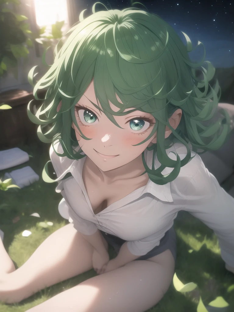 1 girl(1:2) 25 years old Space、masterpiece, highest quality, (delicate eyes and face) volume light, ray tracing, Highly detailed CG Unity 8K wallpaper、Tatsumaki、 between the eyes medium hair、green hair(1:2) Sitting on a chair, upper body, No expression, seductive pose,Beautiful crystal eyes(1:1)、eye、grin and laugh、The art style resembles an attractive anime style. About image quality, priority (highest quality, 4k, 8K, High resolution, body line１.2), Super detailed, and (realistic, realistic, Photoreal:1.37) ,yoga poses.Ultra-fine painting, sharp focus, Physically based rendering, extreme details, Professional, bright colors,A slightly see-through white shirt、plump thighs、spread your legs wide、Making up、Horror、night