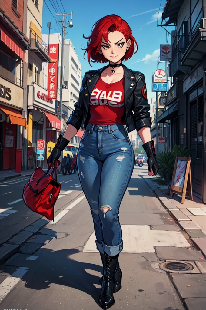 a eles são girl in the art style of persona5 and in the art style of street of rage 4, delinquent, (eles são), maduro female, corar, maduro, mulher mais velha, 2, eles são teacher outfit, ((((1 garota, Sozinho female, Sozinho, Sozinho focus:1,9)))++++, gargantilha, eles são teacher, eles são Lutarer, mangas compridas, open jaqueta, blue jaqueta,( jeans)+++, pele clara feminina, (corpo todo)+++++, jaqueta, biker jaqueta, tape, apoio de braço, luvas, red luvas, manoplas de noiva, esmalte, botas, calçado preto, Lutarer outfit, (corpo todo)+++++++, Ampulheta, maduro face, sorriso malandro, cara atrevida, rugas, (((((cabelo vermelho, cabelo curto, Brincos, piercings nas orelhas)))), olho vermelho, Lutaring art, Artes marciais, de pé, Lutaring stance, Lutar, Lutaring), cores extras, 2D, Megapixels, perfeccionismo, Iluminação de destaque, Full HD , (obra de arte:1.2), (tiro de corpo inteiro:1),(tiro de vaqueiro:1.2), (Altamente detalhado:1.2),(rosto detalhado de anime:1.2), colorida, Um olho detalhado, (paisagem detalhada:1.2), (iluminação natural:1.2), ((eles são school teacher)) por Vincent Di Fate: Ajuda, Tiro Anamórfico, regra dos terços, rosto por Artgerm e WLOP, ((rua da raiva 4 cenário da cidade)), cenário de cidade fictícia no estilo artístico de Street of Rage 4, estilo anime Gainax, estúdio ganhoax art, estúdio ganhoax illustration, inspired por Masamune Shirow, estúdio ganhoax, por Masamune Shirow, lindo personagem de evangelion, rua da raiva 4 arte, ilustração de rua da raiva 4,