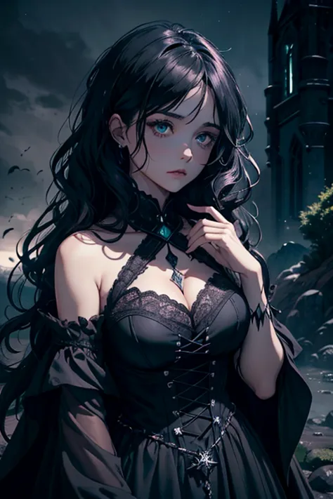 woman, dark witch, majestic, (dark castle background), messy hair,  curly hair, long black hair, gothic, dark indigo, airglow, b...