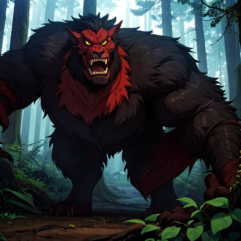 Beast, male, fangs, humanoid, big jaw, square face, animalistic, torn clothes, located in a forest 