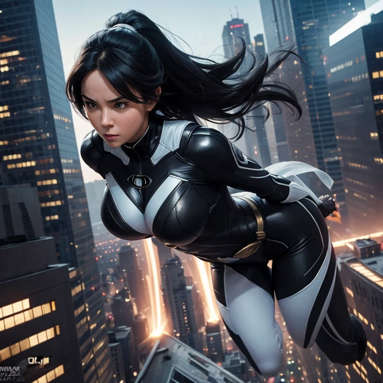 Female superhero, age 28c fit, embarrassed expression, 8k, highly detailed, movie quality, full body, flying through the air above a city, sexy face, seductive face, hourglass figure, superhero outfit, nervous, ultra high quality, realistic, black and white suit, black hair, embarrassed face, blushing