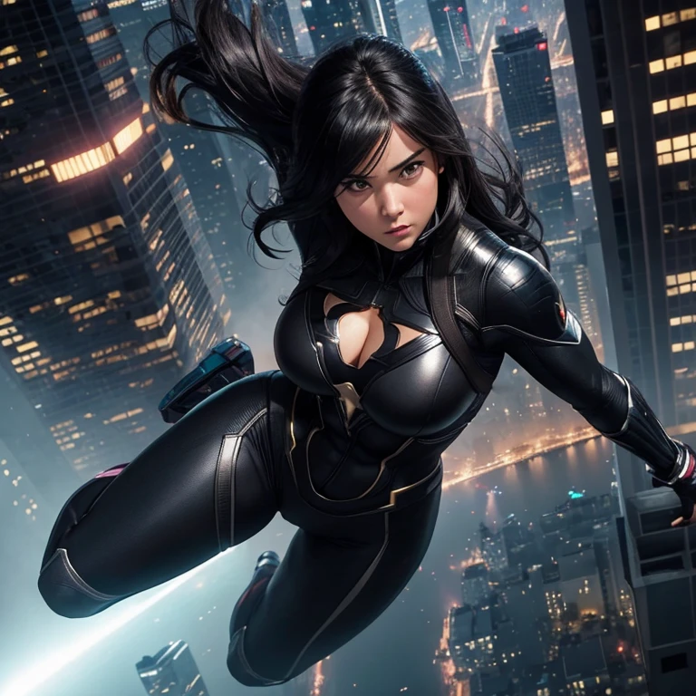 Female superhero, age 28c fit, embarrassed expression, 8k, highly detailed, movie quality, full body, flying through the air above a city, sexy face, seductive face, hourglass figure, superhero outfit, nervous, ultra high quality, realistic, black and white suit, black hair, embarrassed face, blushing