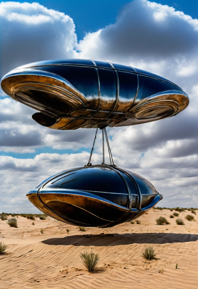 un objet volant, formato ovóide, Cor Metálica, está parado acima de um deserto arenoso, impulsionado por ventos violentos, ao som de uma tempestade, em um planeta distante e ardente, em um céu nublado, viajado por violentos relâmpagos