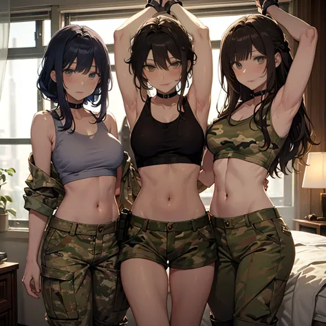 A group of  female soldiers, (in bedroom), various hair styles, tank top, harem, beautiful leg, midriff, camouflage military tro...