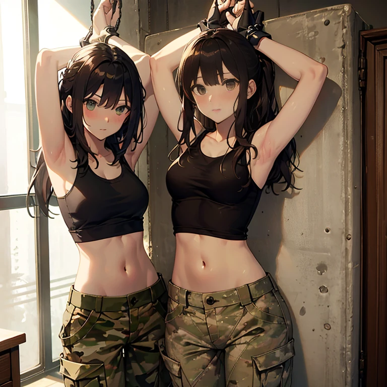 A group of  female soldiers, (in bedroom), various hair styles, tank top, harem, beautiful leg, midriff, camouflage military trousers, showings off armpits, seducing, bdsm, 