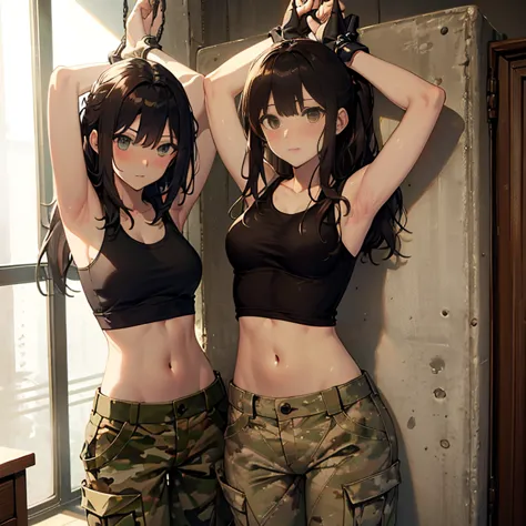 A group of  female soldiers, (in bedroom), various hair styles, tank top, harem, beautiful leg, midriff, camouflage military tro...
