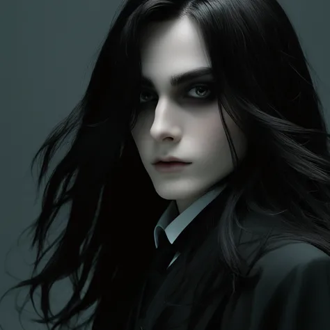 Young Severus Snape, portrait, (((onyx-black-eyes))), very-long-hair, black greasy hair, white skin, pale complexion, elegant-de...