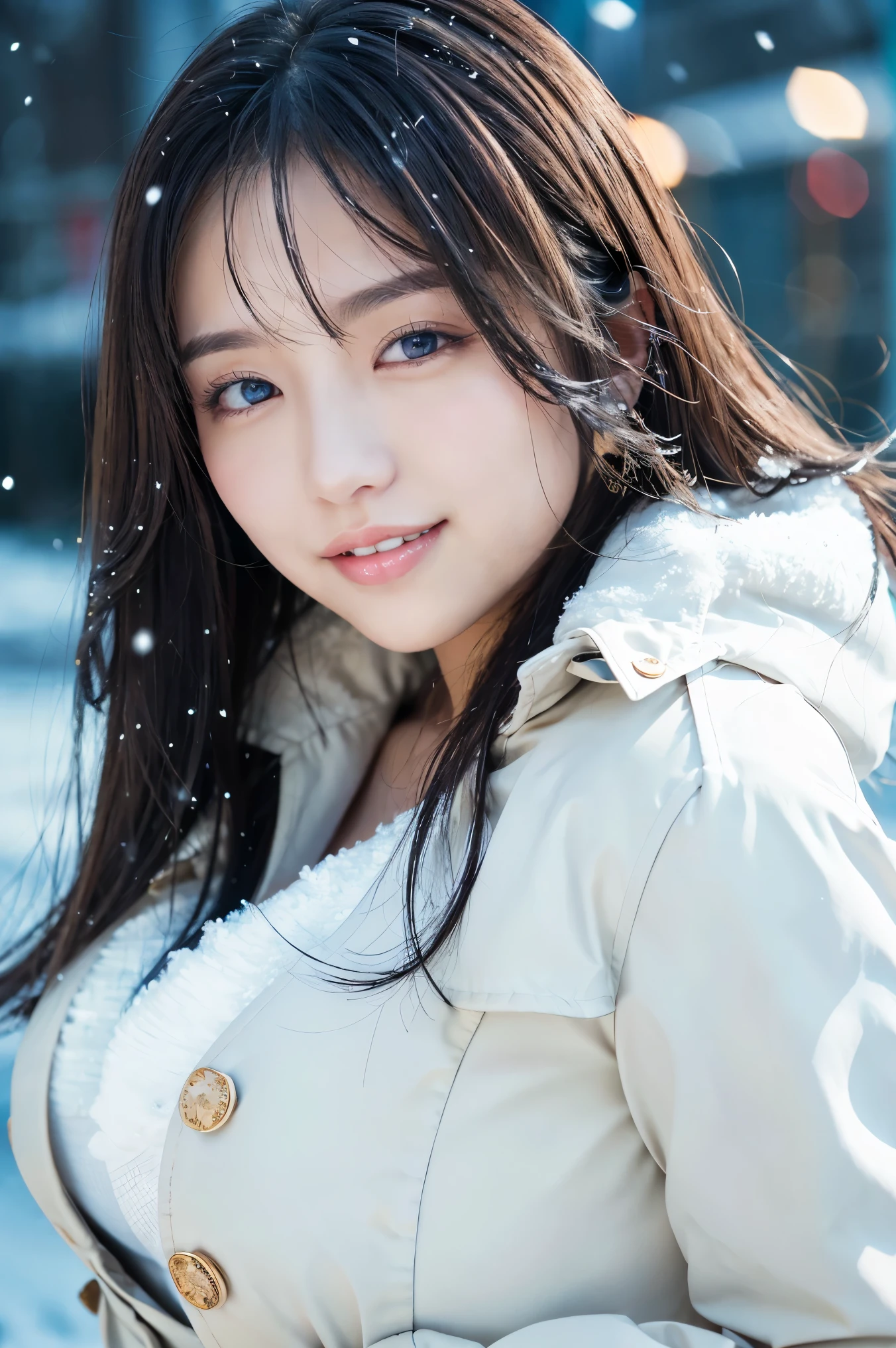 (highest quality、masterpiece、8K、best image quality、hyper realism、Award-winning work)、1 girl、(Perfect and classy thick trench coat:1.2)、Soft indirect lighting、Soft and delicate light、dramatic lighting effects、(huge breasts:1.2)、glamorous body、emphasize body line、Romantic snowy night city、Romantic Christmas illuminations、Beautiful night view of the snowy city、the biggest smile looking at me、fine sparkling snow、Beautiful snow reflecting light、Diamond dust、(Tyndall effect:1.1)、beautiful snow scene、(It&#39;s snowing:1.1)、(snow in hair:1.1)、accurate anatomy、(close up of face:1.1)、A beautiful lipstick with a glossy, natural color、natural makeup、glossy lips、Ultra high definition glossy skin、Ultra-HD radiant, beautiful skin、Moist and beautiful skin、beautiful skin glow、超高精細のglossy lips、Super high-definition sparkling eyes、(Super high definition beautiful perfect teeth:1.1)、Show your beautiful teeth and smile big、(Perfect beautiful teeth:1.1)