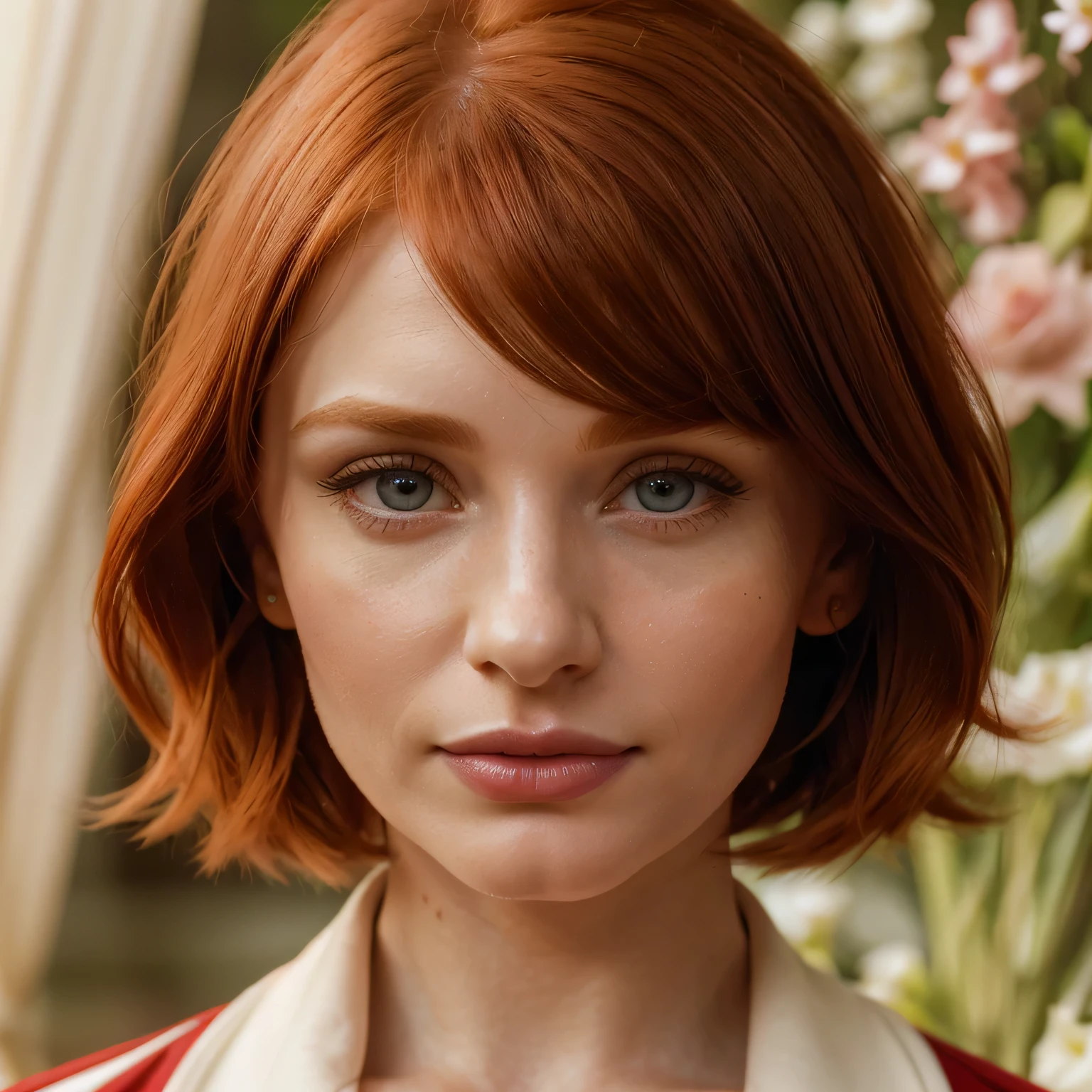 Ultra - High resolution, masterpiece, Bryce Dallas Howard, soft skin, very detailed, Photoreal, professional lighting, Depth of bounds written, sharp, floral background, (european, 30 years old), detailed and beautiful eyes, detailed double eyelids, (Big eyes:1.3),long eyelashes,, small nose, big mouth,, women sexy, detailed face, beautiful eyes, bangs, good shape small breasts, SHORT redhead hair, red lips, ((stand in front、look at the viewer, close your mouth)), WEARING red BLAZER, white belt, half body photo, yellow background, close your mouth, pink lips, half body, center at portrait