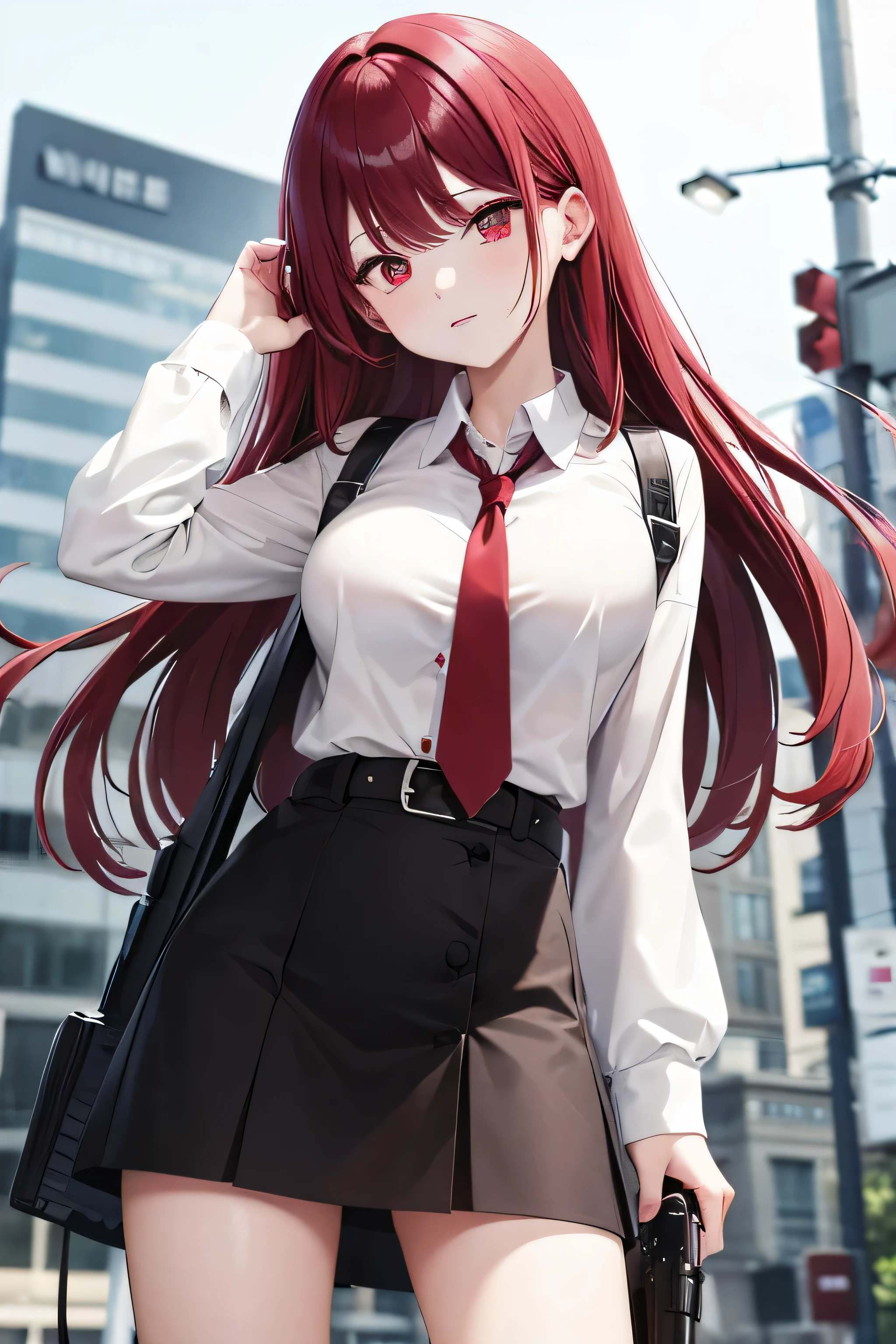 maroon hair, red eyes, white shirt with buttons, black skirt, large breast, city backround, gun in hand