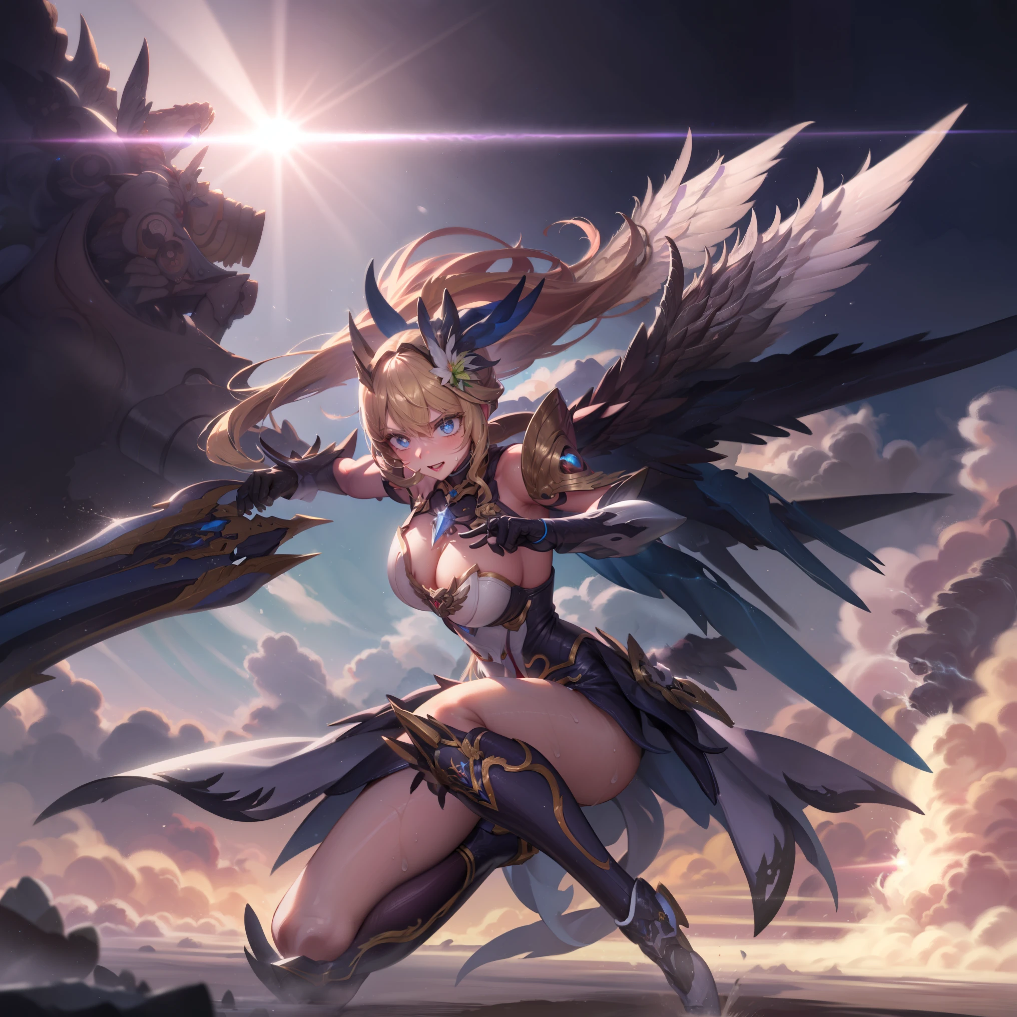 combat mecha，（blonde girl），(huge ponytail),shining blue eyes，blue light energy long sword，Milky Way，mechanical and sophisticated，（（blonde beauty））public detailecha wings，elegant，blue mecha，blue shining eyes，（stocking heels），land，mechanical and sophisticated，public detailecha wings，elegant，I have hands and feet，diagonal，diagonal，Hugeness，wind，It&#39;s hazy，Mecha&#39;s eyes glow blue，blue mecha，blue shining eyes，Holding a sword of delicate light energy，zero，mechanical and sophisticated，public details，Huge mecha wings，elegant，wood々，I have hands and feet，diagonal，diagonal，Hugeness，baiyun，It&#39;s hazy，Mecha&#39;s eyes glow blue，public details，winds of the future，sacred，cavalier，combat mecha，shining blue eyes，blue delicate sniper rifle，zero，mechanical and sophisticated，public details，Huge mecha wings，elegant，wood々，I have hands and feet，diagonal，diagonal，Hugeness，baiyun，It&#39;s hazy，Mecha&#39;s eyes glow blue，public details，winds of the future，sacred，cavalier，face is clear，face wearing mask armor，master painting，best quality，official art，Very detailed CG Unity 8K 壁紙，brighter light，（particles of light，（figure）（Farbe）good looking，Impeccable，（（graphic painting）），（heavier stroke）），（thick line），best image quality，master painting，filigree，long eyelashes，（（（silhouette））），Very detailed background，tulip，banana leaf，lily，dew，date palm flower，Ryu，pale white off shoulder dore sotho sunlight，（people々close-up of），（A large amount of sweat drips all over the body）（（超highest quality））， （（Very masterpiece））， （（super detail：1.4））， （（Surreal realistic 3D））， dragon warrior girl， Machine body， Dynamic action poses in battle scenes， Very complex and heavy fighter mechanical weapons， 緻密でcomplexスチームパンクと緻密なゴスロリを融合させたオフショルダーファッション， complexスチームパンクのヘッドギア， Very thin long mechanical boots above the knee， Fluttering lace flare mini skirt， Beautiful upward facing big breasts，somewhat long, windになびく縦巻きの銀髪，Countless large shining spheres fly around，Many sparks intersect and fly，Countless neon signs rained down from the gesture that evoked magic.，Steampunk Factory，complex and precise mechanical ruins，very dark night background，very dramatic and cinematic lighting。1people girl、night city、rain、kimono without sleeves、black haired、has a bloody weapon、look at the camera、Cherry blossoms are dancing，unusually resistant、blush、looks like it&#39;s in pain、shrine maiden、Valkyrie、Angel wings、belly button、side boob barbosa、complex、particles of light、thighs thighs thighs、shiny skin、perfect lighting、1people girl、looking at the viewer、winged hat、pelvic curtain、A smilee、(masterpiece)、(highest quality)、very huge breasts、porcelain skin、very long hair、wavy hair、royal sister，woman，Queen，wear a crown，周りには金Farbeの稲妻がたくさんあります，sitting on the throne，bangs cover eyes，black suspender socks，black lace top，，high jump，grab Arlan&#39;s leg，，black silk top，Married woman，mother&#39;s，domineering，smile，the corners of the mouth are raised，red and gold eyes，black silk erotic underwear，black top，black silk gloves，I have a gorse tattoo on my chest and thigh.，腕には金Farbeの龍の鱗がたくさんある，首には金Farbeの龍の鱗がたくさんある，bright eyes，dragon eyes，Snake eye，erect pupils，服には金Farbeの縞模様がある，服には金Farbeの模様がある，靴下には金Farbeの模様が入っています，Tall people，bring out the outside of the chest，Twisted blade hanging from shoulder，big breasts ，Has long dragon horns，巨大な金Farbeの龍の翼，巨大な金Farbeの龍の翼，胴体ほどもある巨大な金Farbeの竜の翼，体は巨大な金Farbeの竜の翼で覆われている，golden eyes，just a pair of wings，big wings，the biggest dragon wing,the biggest dragon wing，首には金Farbeの鱗がある，Fingers are Golden dragon claws，Golden dragon&#39;s extended tail、1people girl、night city、rain、kimono without sleeves、black haired、has a bloody weapon、look at the camera、Cherry blossoms are dancing，Strongest quality, (very detailed: 1.5), table top, 超A high resolution,(photo-realistic:1.4), 1 beautiful girl, cowboy shot, (wear battle armor:1.4)