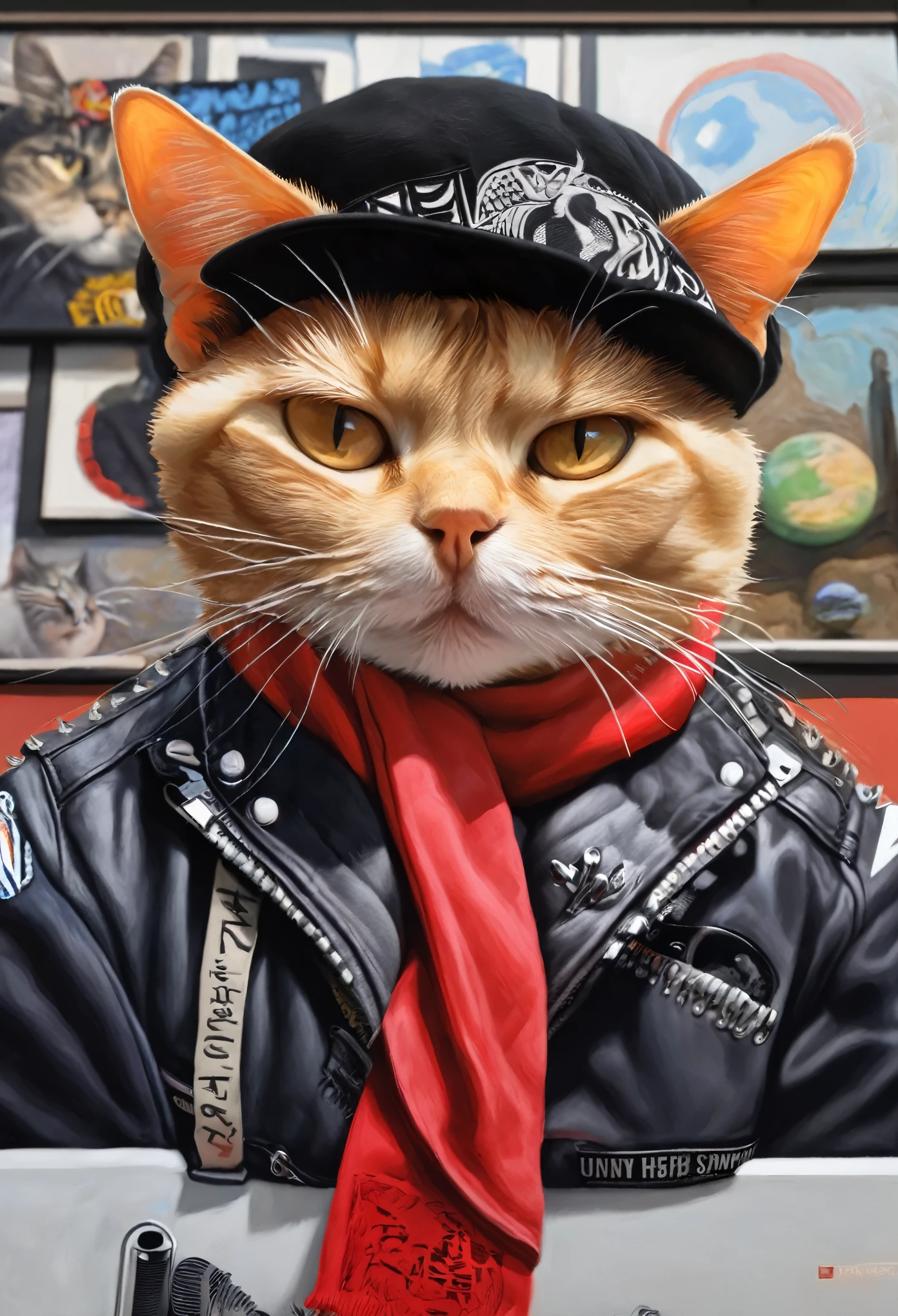 a painting of a cat wearing a hat and scarf, trending in the art station, dressed in punk clothes, detailed hyper realistic rendering, british gang member, street style, intimidating pose, planet of the cats, clothes with fashion, urban samurai, meow, west slavic features, 8 1 5