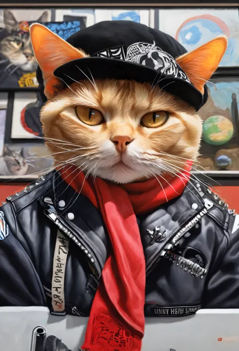 a painting of a cat wearing a hat and scarf, trending in the art station, dressed in punk clothes, detailed hyper realistic rend...
